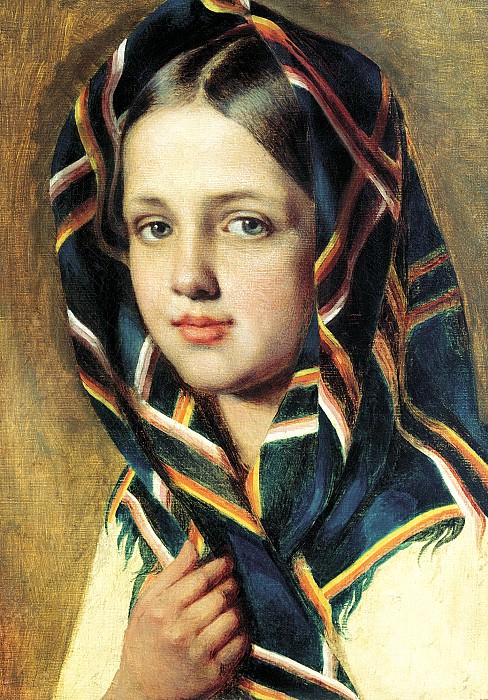 Venetsianov Alex – The girl in a headscarf, 900 Classic russian paintings