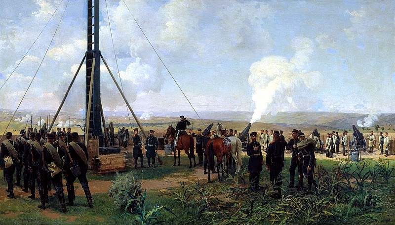 Nikolai Dmitriev-Orenburgsky – artillery battle at Plevna. The battery of siege guns to the Grand Mountain, 900 Classic russian paintings