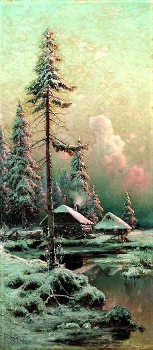 КЛЕВЕР Юлий – Зимний пейзаж с избами у реки, 900 Картин самых известных русских художников