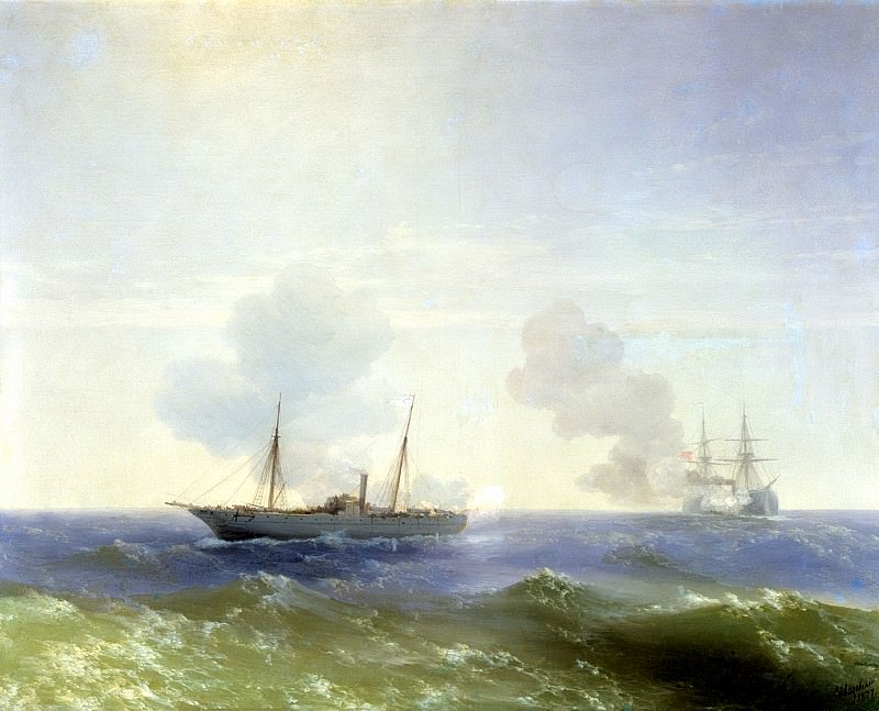 Ivan Aivazovsky – Fight steamer Vesta, with the Turkish battleship Vechta-Bulend in the Black Sea July 11, 1877, 900 Classic russian paintings