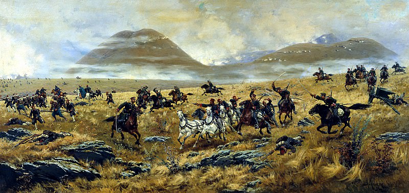 KIVSHENKO Alexei – Nizhegorodskiye dragoons pursuing the Turks on the way to Carswe during Aladzhinskogo battle on Oct. 3, 1877, 900 Classic russian paintings
