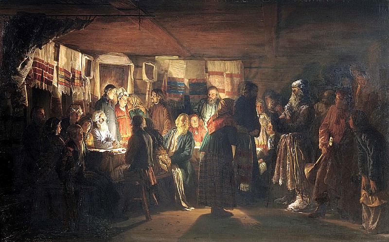 Maximov Vasiliy – Sorcerer comes to a peasant wedding, 900 Classic russian paintings