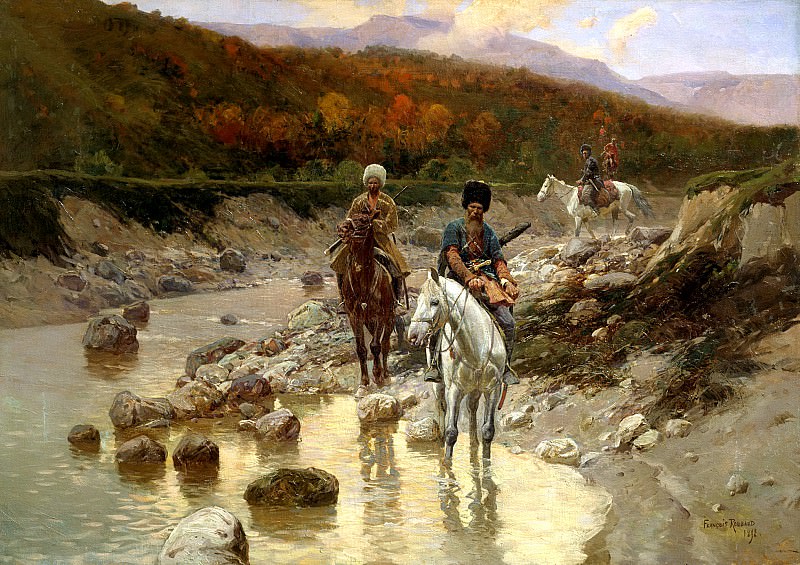 Franz Roubaud – Cossacks in the mountain river, 900 Classic russian paintings