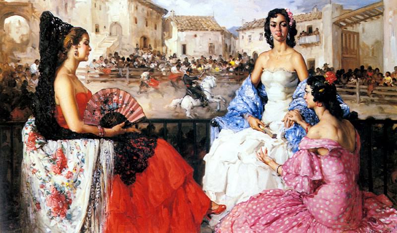 Clement Francisco Rodriguez San Elegant Woman Watching A Bull Fight, Spanish artists