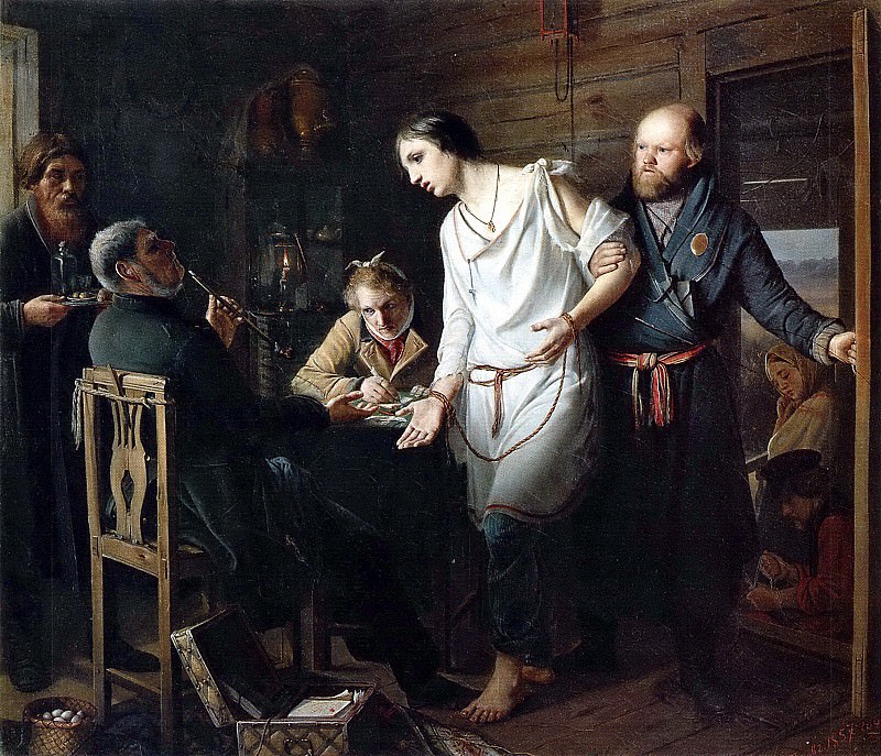 Приезд станового на следствие. 1857 Х. , м. 38х43 ГТГ, Василий Григорьевич Перов