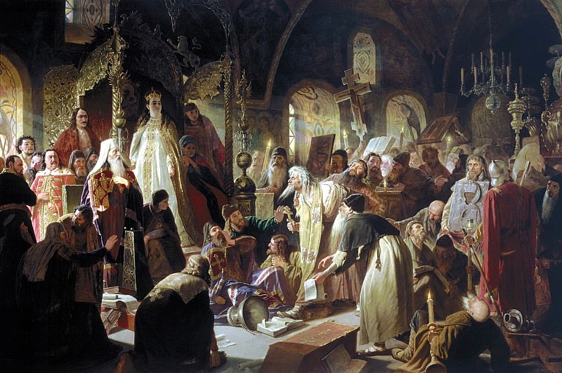 dispute about faith. 1881. Oil on canvas. 336. 5x512 TG, Vasily Perov