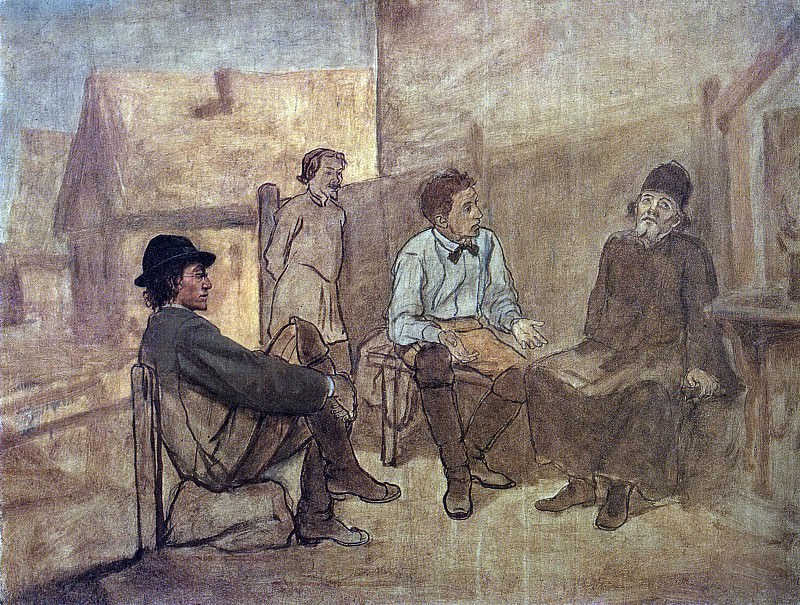 Conversation students with a monk. H. 1871, m. 53, 5h71, 5 GTG, Vasily Perov