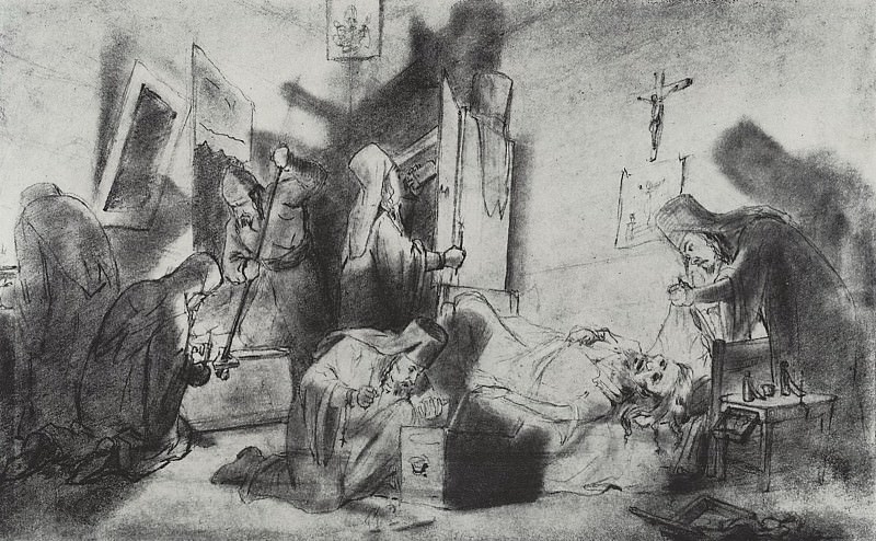Делёж наследства в монастыре . Рисунок карандашом. 1868 Рис. 18х27, 5 ГТГ, Василий Григорьевич Перов