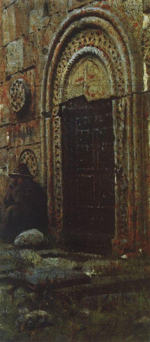 Entrance door to the church under Kazbek. 1897, Vasily Vereshchagin