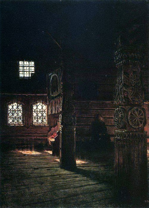 Internal view of the wooden church of St. Peter and Paul in Puchuge. 1894, Vasily Vereshchagin