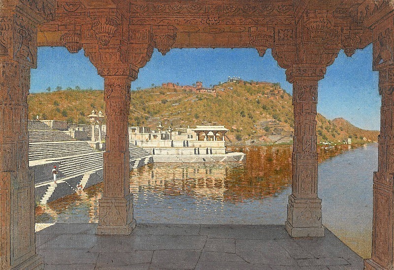 Rajnagar. A marble embankment decorated with bas-reliefs on a lake in Udaipur