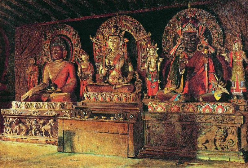 Three major deities in a Buddhist monastery in Sikkim Chingacheling. 1875, Vasily Vereshchagin
