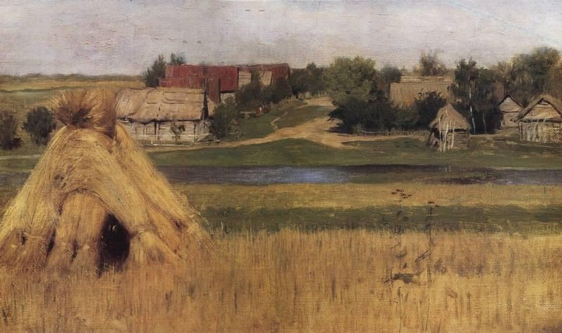 Sheaves and village by a river. Beginning 1880, Isaac Ilyich Levitan