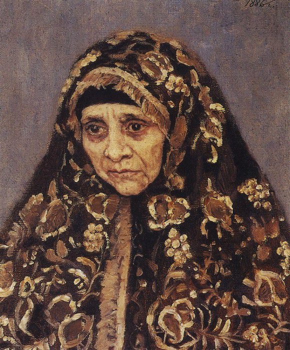 old woman in a patterned headscarf, Vasily Ivanovich Surikov