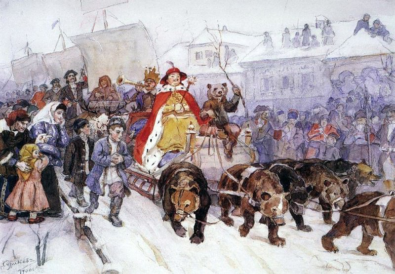 Large masquerade in 1722 on the streets of Moscow with the participation of Peter I and Romodanovsky JF Romodanovsky, Vasily Ivanovich Surikov