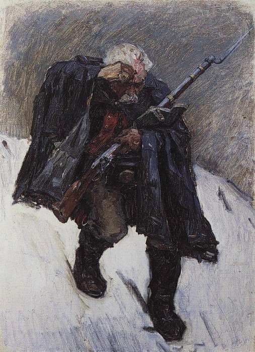 old soldier, coming down the slope of a snowy mountain, Vasily Ivanovich Surikov