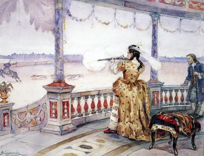 Императрица Анна Иоанновна в петергофском Тампле стреляет оленей, Василий Иванович Суриков