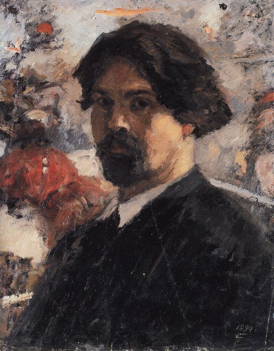 Self-portrait on the background of the painting The Conquest of Siberia by Yermak, Vasily Ivanovich Surikov
