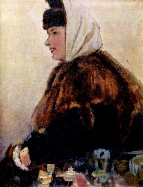 Portrait of a young woman in a fur coat with sleeve, Vasily Ivanovich Surikov