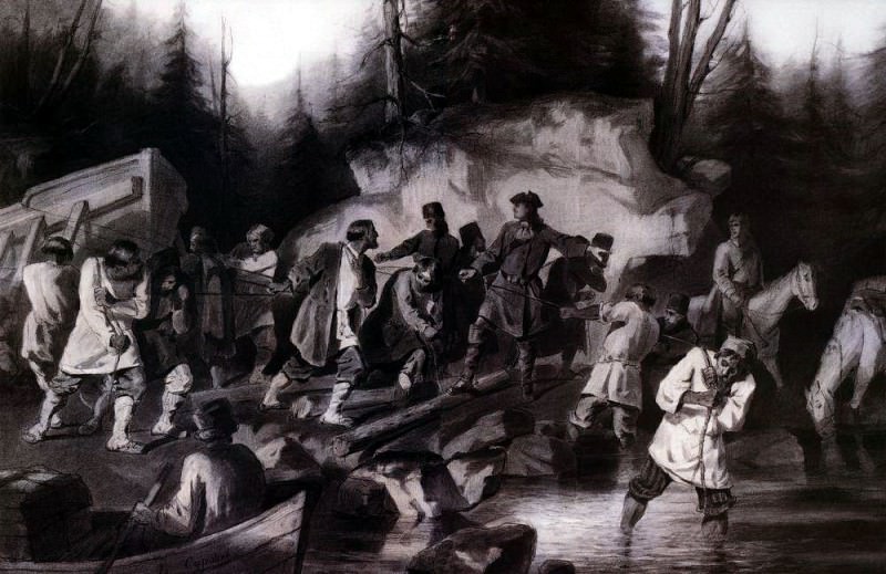 Петр I перетаскивает суда из Онежского залива в Онежское озеро в 1702 году, Василий Иванович Суриков