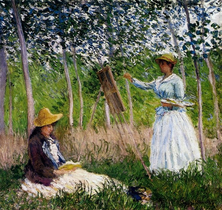 In The Woods At Giverny Blanche Hoschede Monet At Her Easel With Suzzanne Hoschede Reading, Claude Oscar Monet
