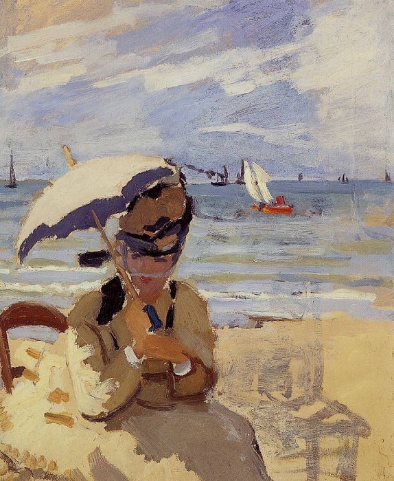 Камилла сидит на пляже в Трувиле, Клод Оскар Моне