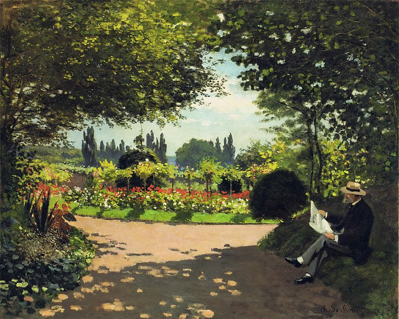 Adolphe Monet Reading in the Garden, Claude Oscar Monet