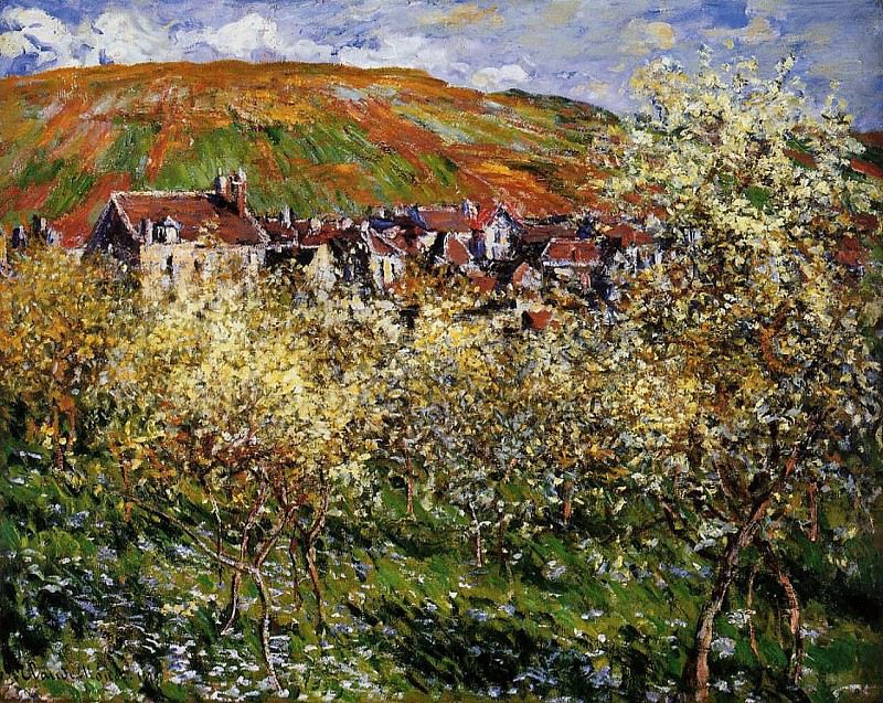 Plum Trees in Blossom at Vetheuil, Claude Oscar Monet