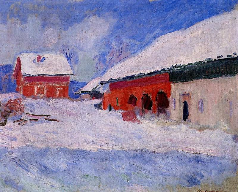 Red Houses at Bjornegaard in the Snow, Norway, Claude Oscar Monet