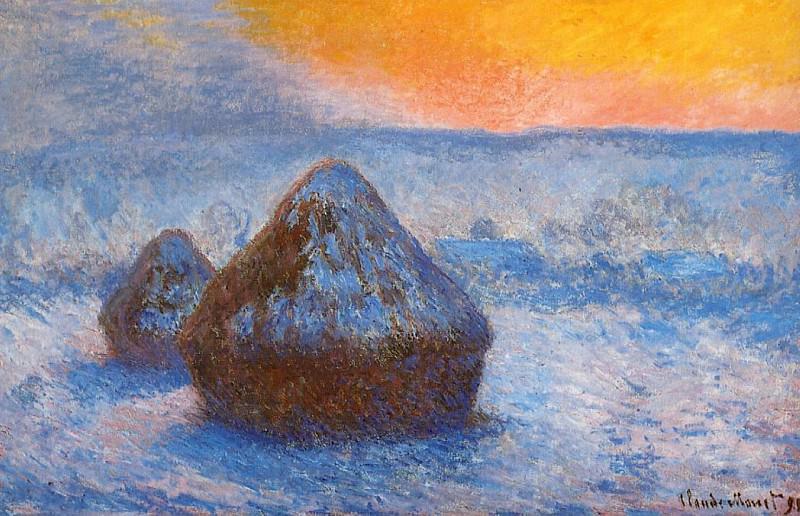 Grainstacks at Sunset, Snow Effect, Claude Oscar Monet