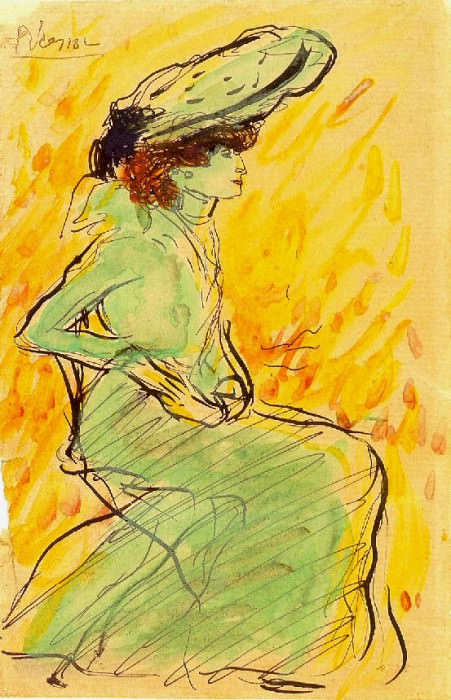 1901 Femme en robe verte assise, Пабло Пикассо (1881-1973) Период: 1889-1907