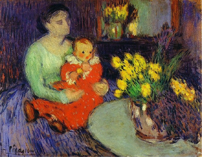 1901 MКre et enfant devant un vase de fleurs, Пабло Пикассо (1881-1973) Период: 1889-1907