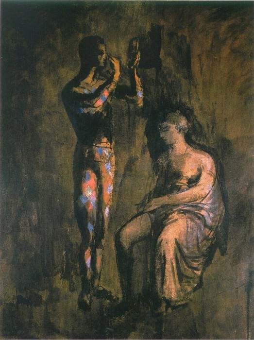 1905 Arlequin se grimant devant une femme assise, Пабло Пикассо (1881-1973) Период: 1889-1907