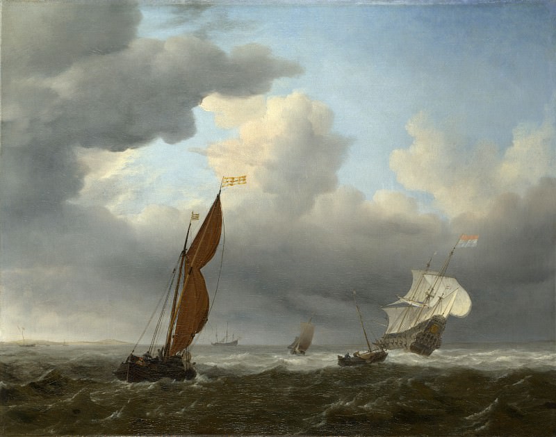 Willem van de Velde – A Dutch Ship and Other Small Vessels in a Strong Breeze, Part 6 National Gallery UK