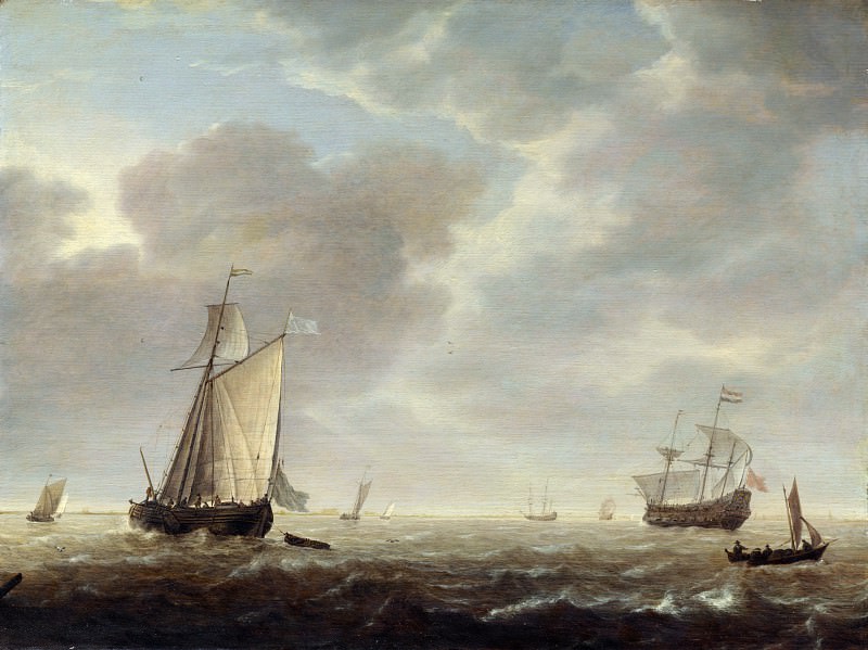 Simon de Vlieger – A Dutch Man-of-war and Various Vessels in a Breeze, Part 6 National Gallery UK