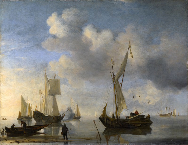 Willem van de Velde – Dutch Vessels lying Inshore in a Calm, one Saluting, Part 6 National Gallery UK