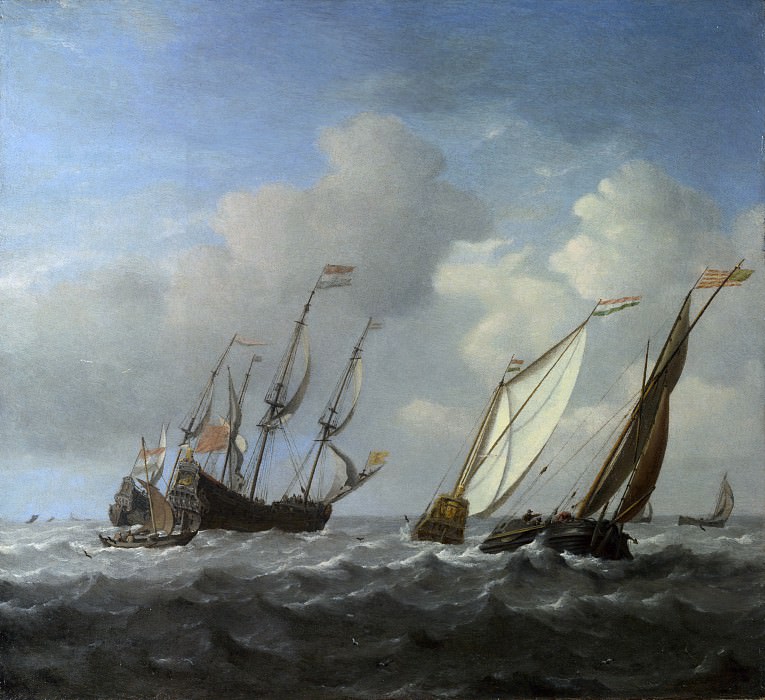 Willem van de Velde – A Dutch Ship, a Yacht and Smaller Vessels in a Breeze, Part 6 National Gallery UK