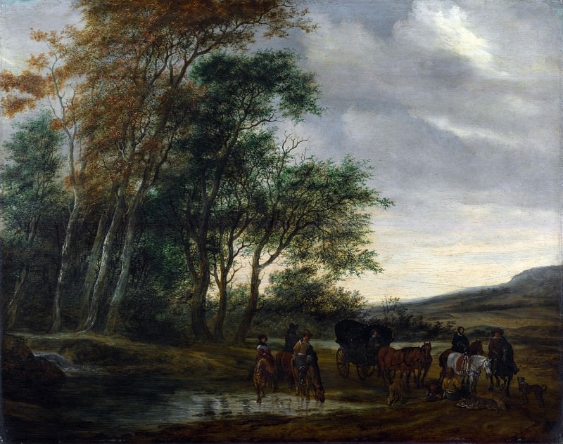 Salomon van Ruysdael – A Landscape with a Carriage and Horsemen at a Pool, Part 6 National Gallery UK