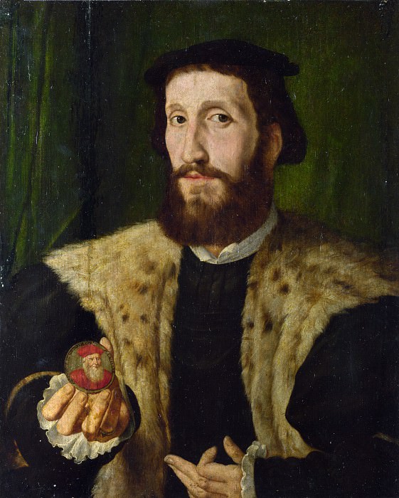 Style of Jan Cornelisz. Vermeyen – A Man holding a Coloured Medal, Part 6 National Gallery UK