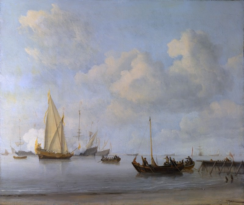 Виллем ван де Вельде – Шлюпки, тянущиеся к яхтам в штиль, Часть 6 Национальная галерея