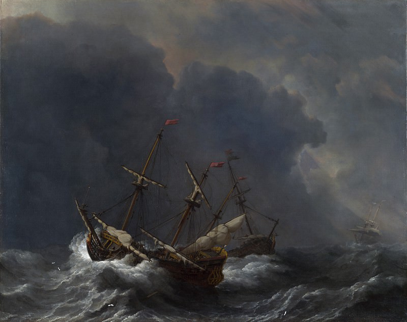 Willem van de Velde – Three Ships in a Gale, Part 6 National Gallery UK