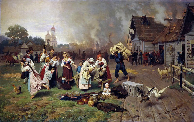 Fire in the village. Oil on canvas., Nikolay Dmitriev-Orenburgsky