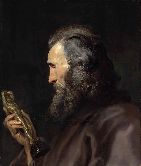 A bearded man in profile holding a bronze figure, Peter Paul Rubens