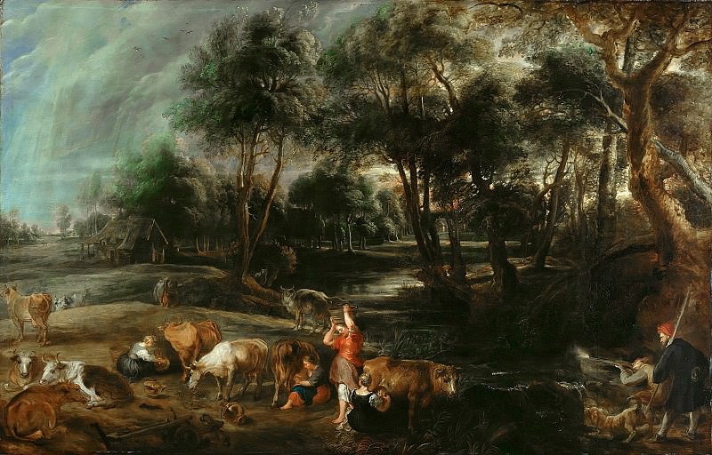 Landscape with Cows and Wildfowlers, Peter Paul Rubens