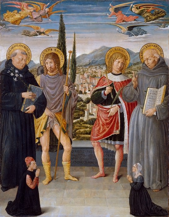 Benozzo Gozzoli – Saints Nicholas of Tolentino, Roch, Sebastian, and Bernardino of Siena, with Kneeling Donors, Metropolitan Museum: part 2