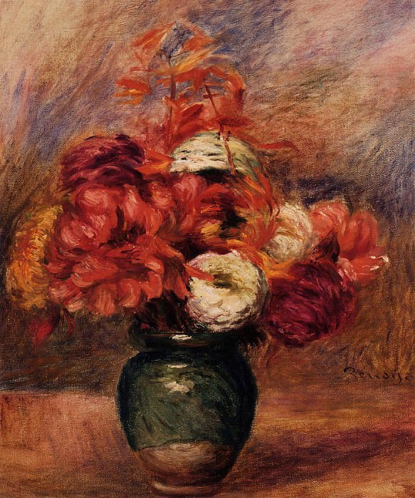 Flowers in a Green Vase – Dahlilas and Asters, Pierre-Auguste Renoir