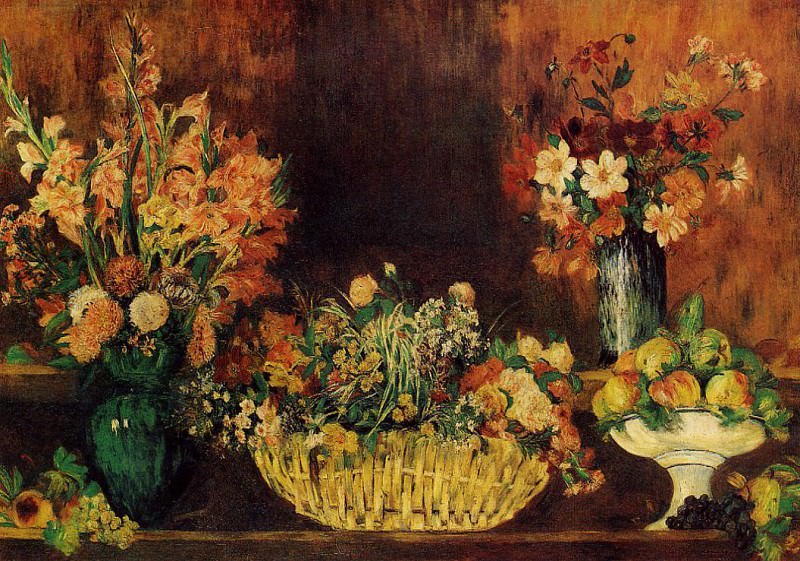 Ваза, корзина с цветами и фруктами – 1889 г, Пьер Огюст Ренуар