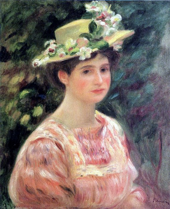 Young Woman Wearing a Hat with Wild Roses, Pierre-Auguste Renoir