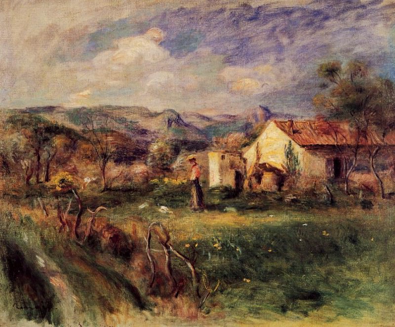 Young Woman Standing near a Farmhouse in Milly, Pierre-Auguste Renoir