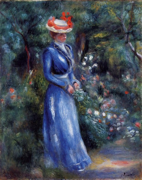 Woman in a Blue Dress, Standing in the Garden of Saint-Cloud, Pierre-Auguste Renoir